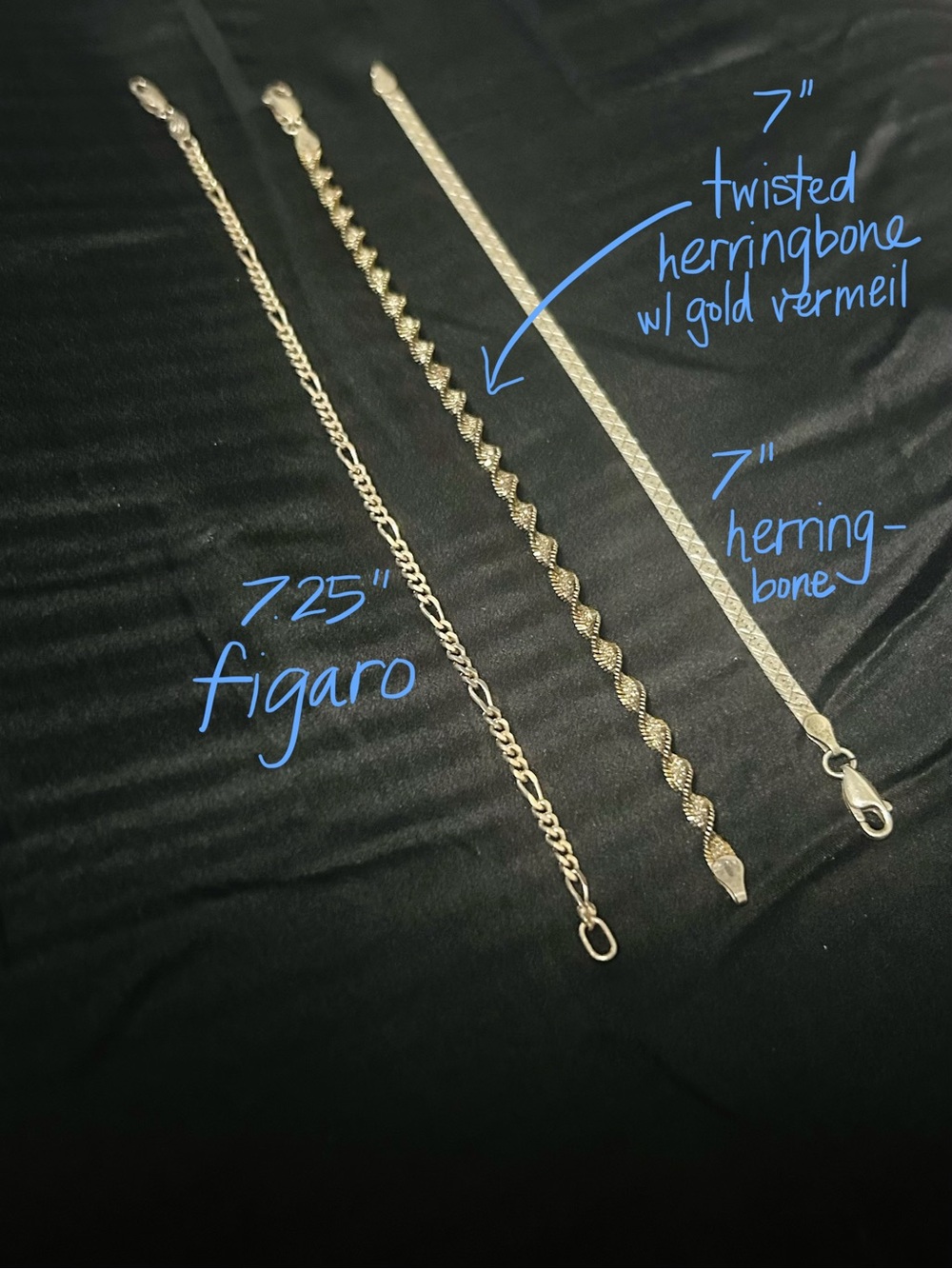925 sterling silver bracelets (herringbone, figaro, twisted) 7–7.25”